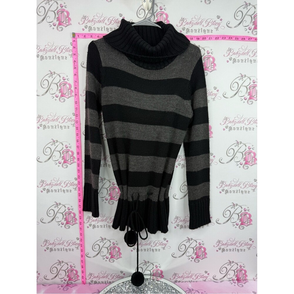 Seduction y2k sweater Pom Pom Striped Cowl Neck Drawstring Sweater Black & Gray